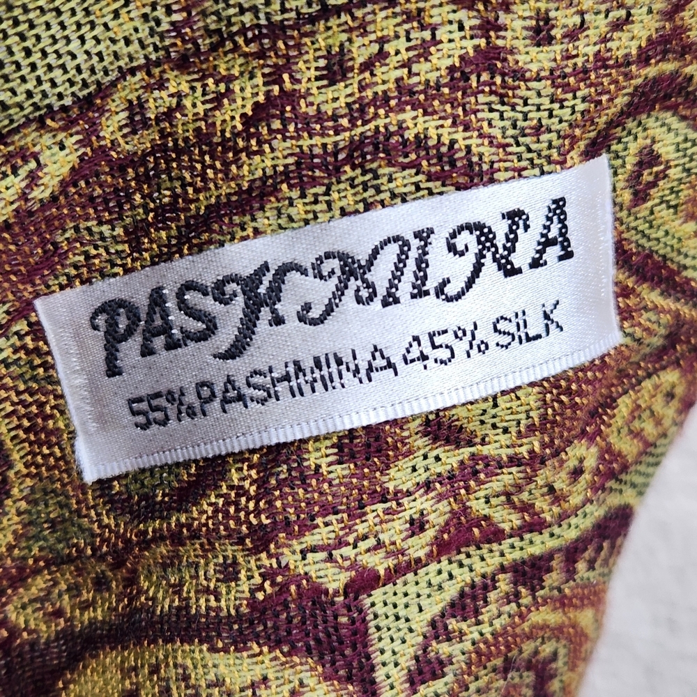 PASHMINA Scarf Paisley Green Tan Silk Fringe Shawl Wrap 26 x 70 - Picture 3 of 6